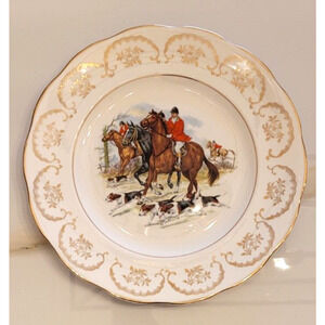 EQUESTRIAN HORSE HUNDS HUNTING BONE CHINA 22 Ct GOLD PLATE DECOR LIVING